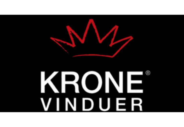 Krone Vinduers logo med rød krone og sort baggrund, symboliserer kvalitet og elegance.