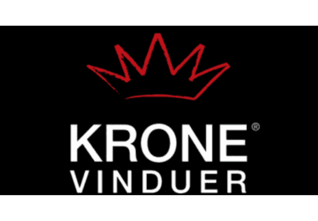 Krone Vinduers logo med rød krone og sort baggrund, symboliserer kvalitet og elegance.