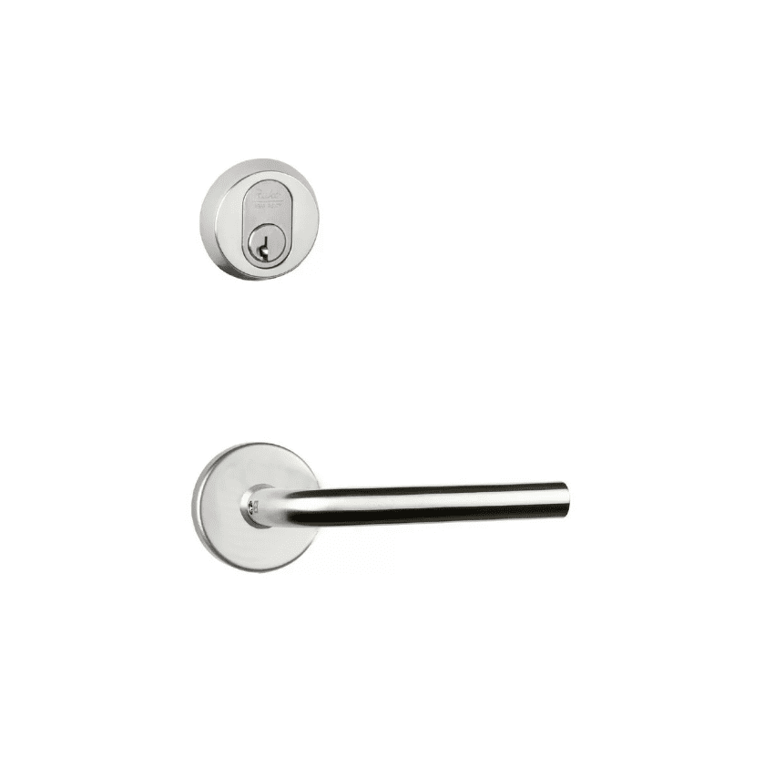 Betjeningsgreb og låsecylinder i rustfrit stål.