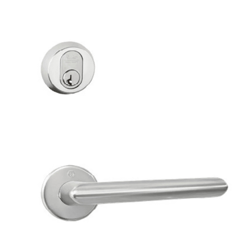 Sikkerhedslås og dørhåndtag i rustfrit stål.