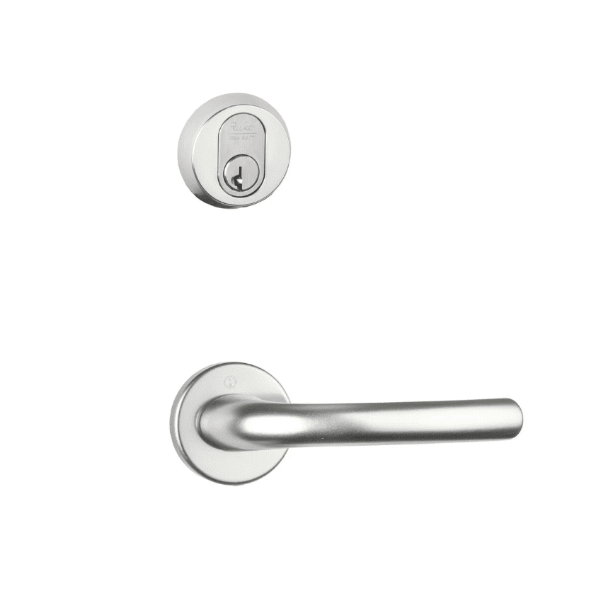 Automatisk lås med nøglering og vagtgreb i rustfrit stål, moderne design.