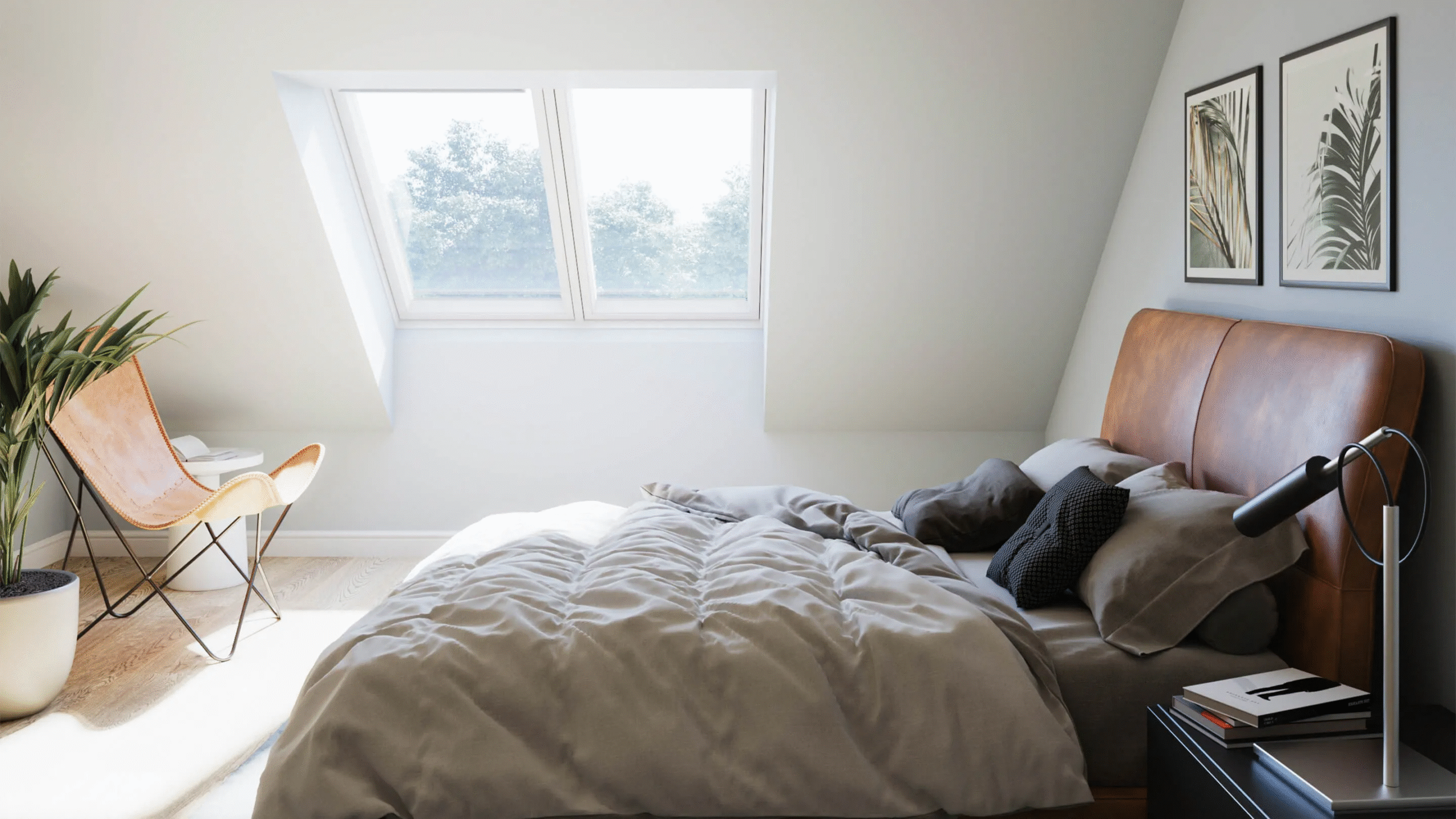 Hvidt loftsvindue i soveværelse med udsigt til natur, stilfuld indretning og naturligt lys.