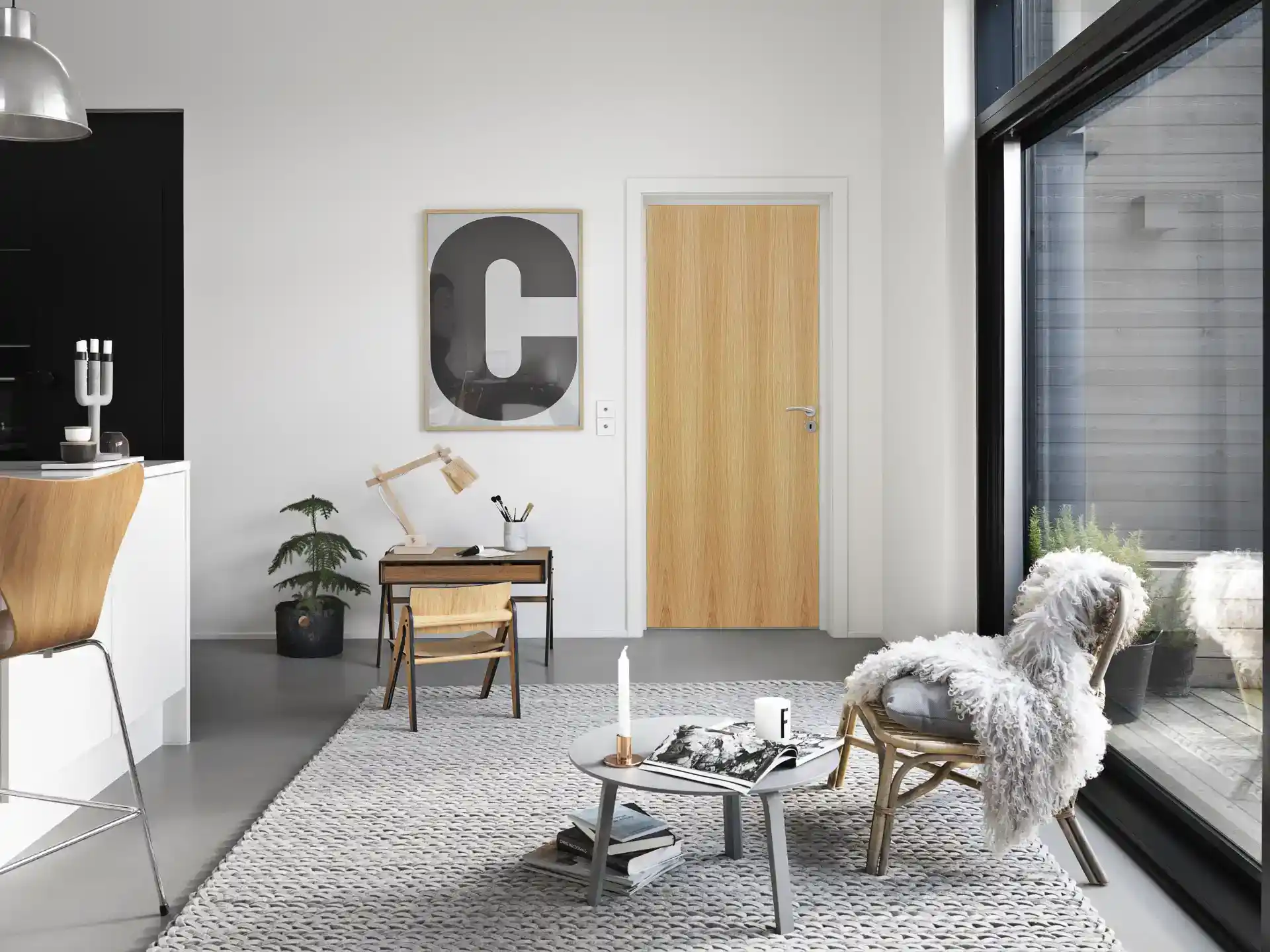 Elegant stue med store vinduer, minimalistisk design og moderne indretning.