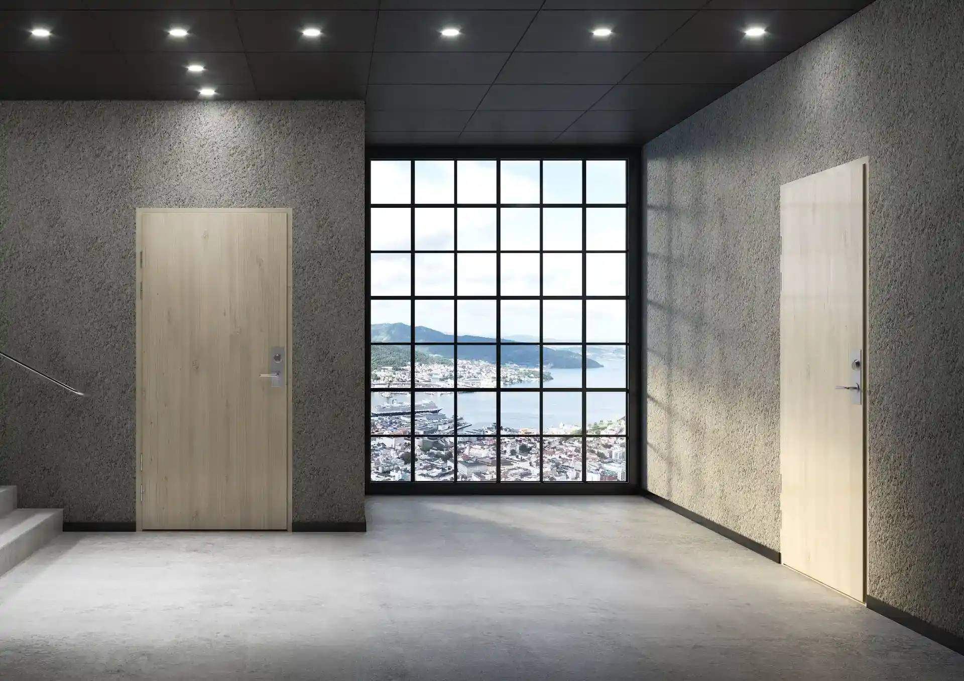 Moderigtigt, stort vinduesparti i kontor med udsigt over havn og bylandskab.