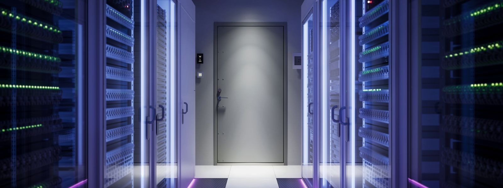 Moderne serverrum med glasdøre og avanceret ventilation.