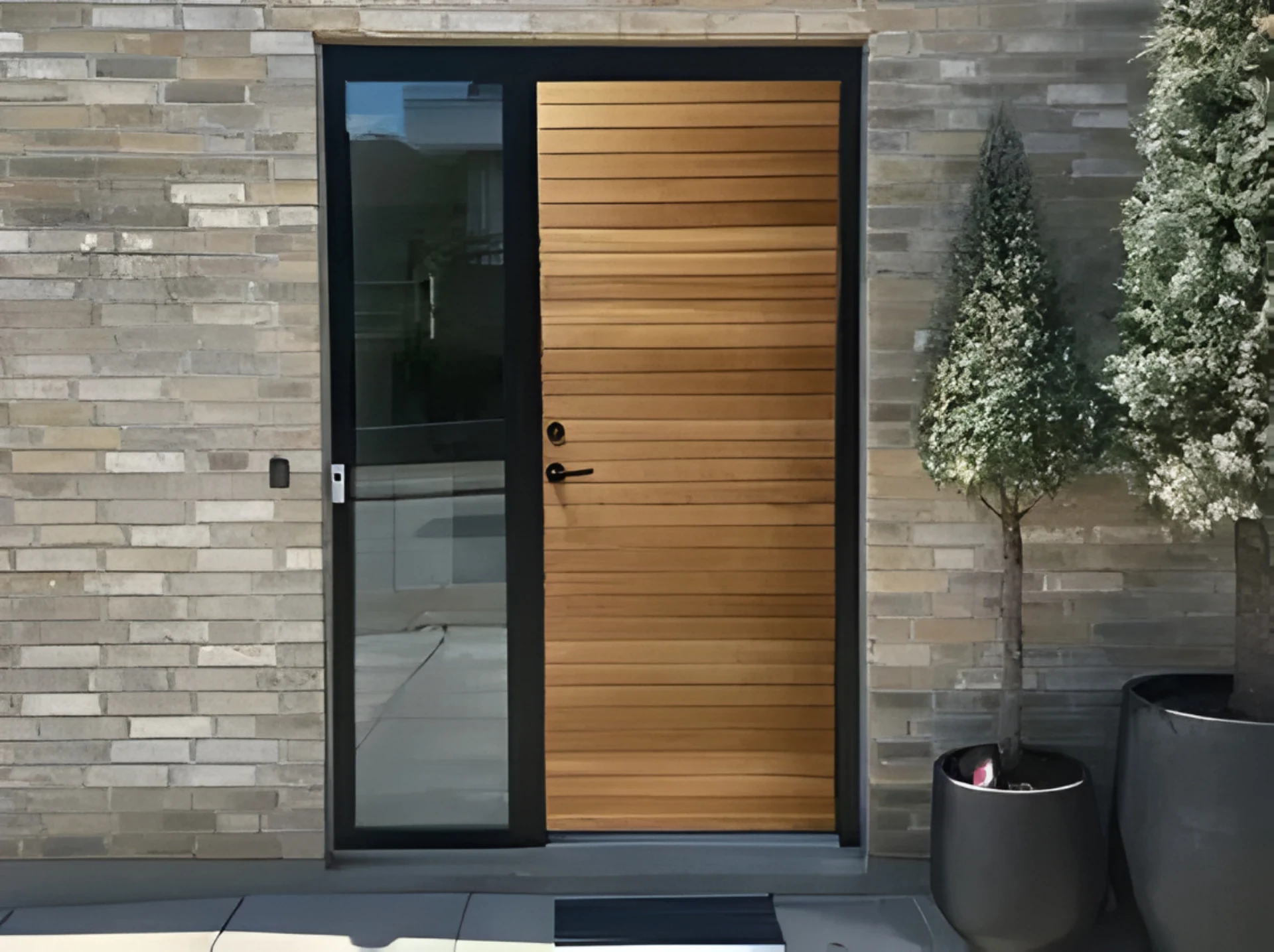 1. Modern hoveddør med træ- og glaselementer, sort ramme og indgangsadgang.
