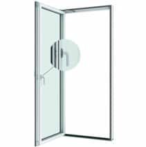 Vendbar glasdør med sort håndtag og aluminiumsramme, ideel til indendørs og udendørs brug.