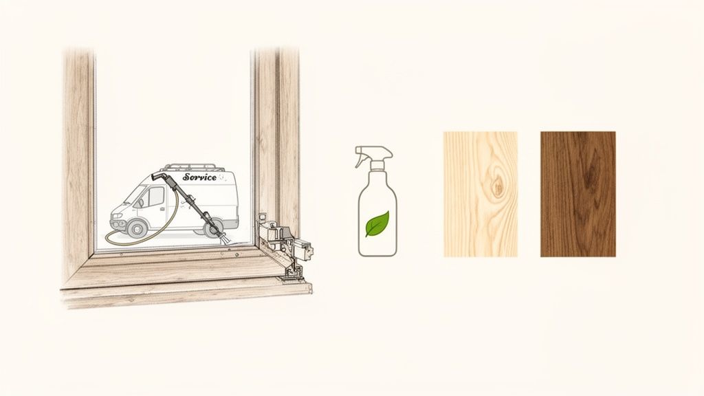 Billedet viser en vinduesrenser med rengøringsmiddel og forskellige træsorter til vinduesrammer.