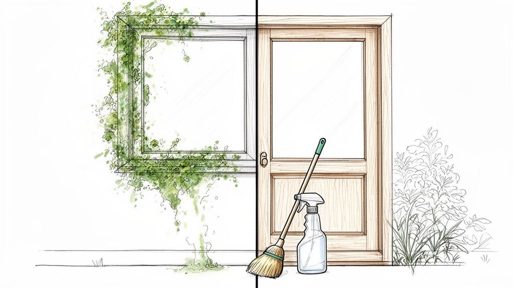 Håndtegnet illustration af et vindue med rengøringsudstyr og planter.