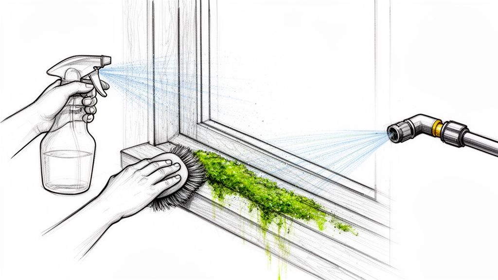Håndspray og børste rengør vinduesrammer for alger og snavs.