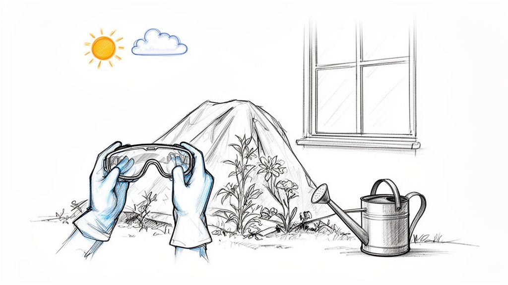 Hånd med beskyttelsesbriller, der fjerner alger fra trævinduer og døre udendørs.