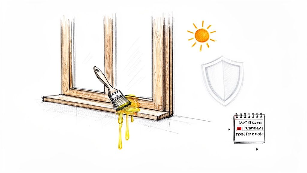 Håndrensning af trævindue for alger og snavs med børste og olie.