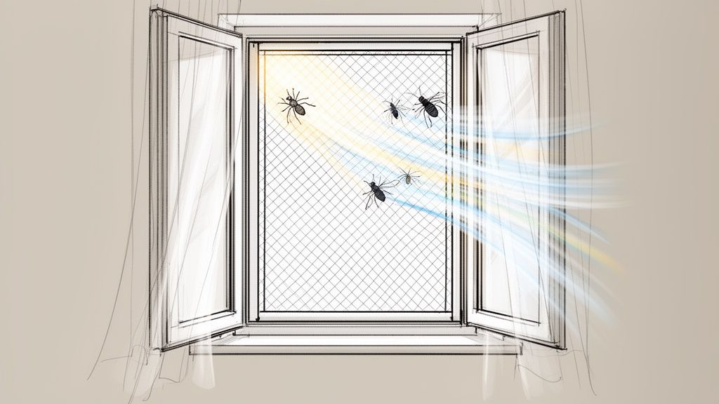 Et åbent vindue med et fluenet, der holder insekter ude, mens lys og frisk luft strømmer ind.