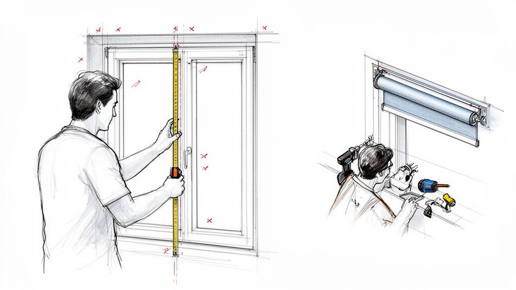 Skitser viser en mand der måler et vindue, muligvis til fluenet, og en der monterer rullegardin.