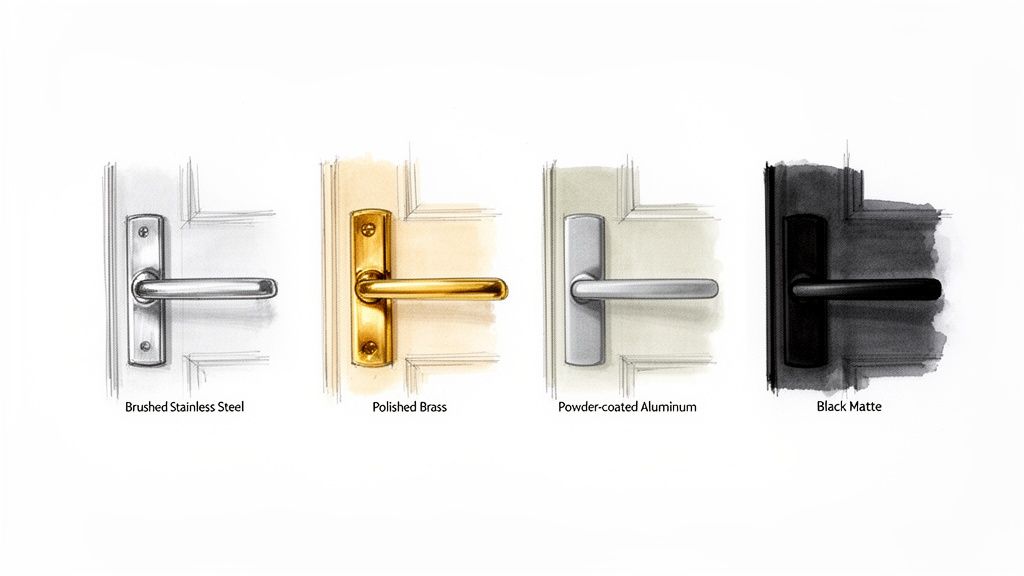 Fire forskellige dørhåndtag i finish som børstet stål, poleret messing, pulverlakeret aluminium og mat sort.