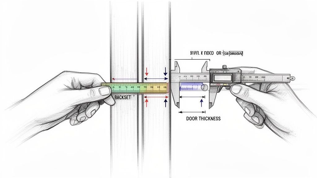 En illustration viser hænder, der måler en dørs tykkelse og backset med et målebånd og en skydelære.