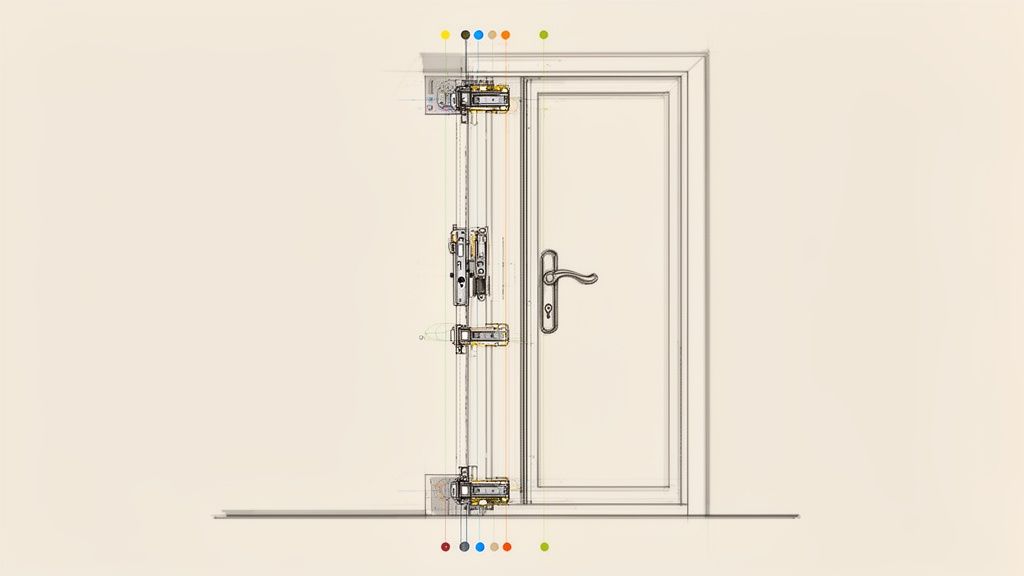 Tværsnit af en terrassedør, der viser det indre låsesystem med håndtag og flerpunktslås.