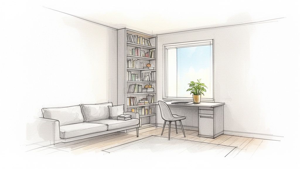 Skitseret billede af et moderne hjemmekontor med sofa, bogreol og skrivebord ved vinduet.