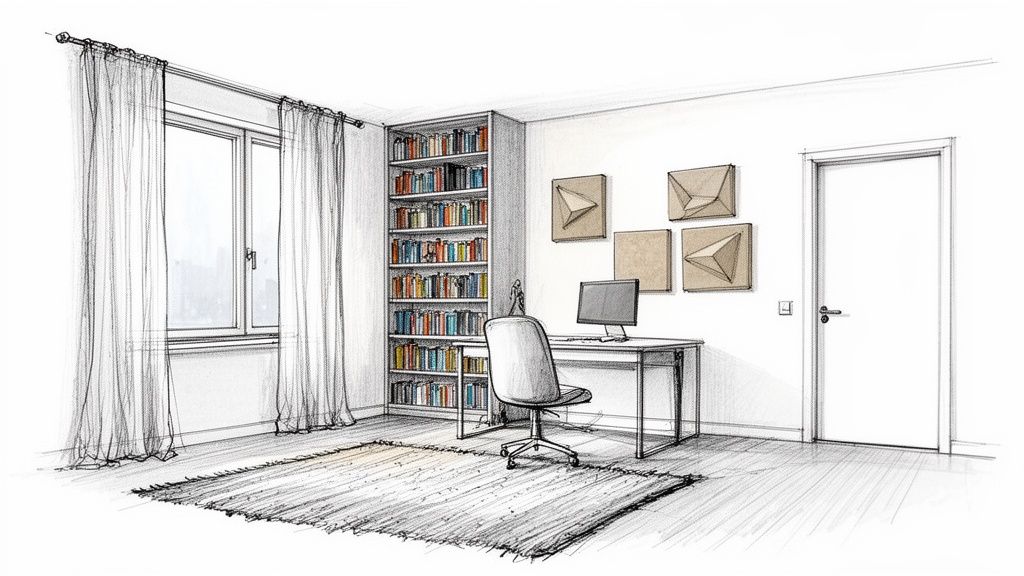 Skitseret hjemmekontor med arbejdsbord, reol fyldt med bøger, vindue med gardiner og et tæppe.