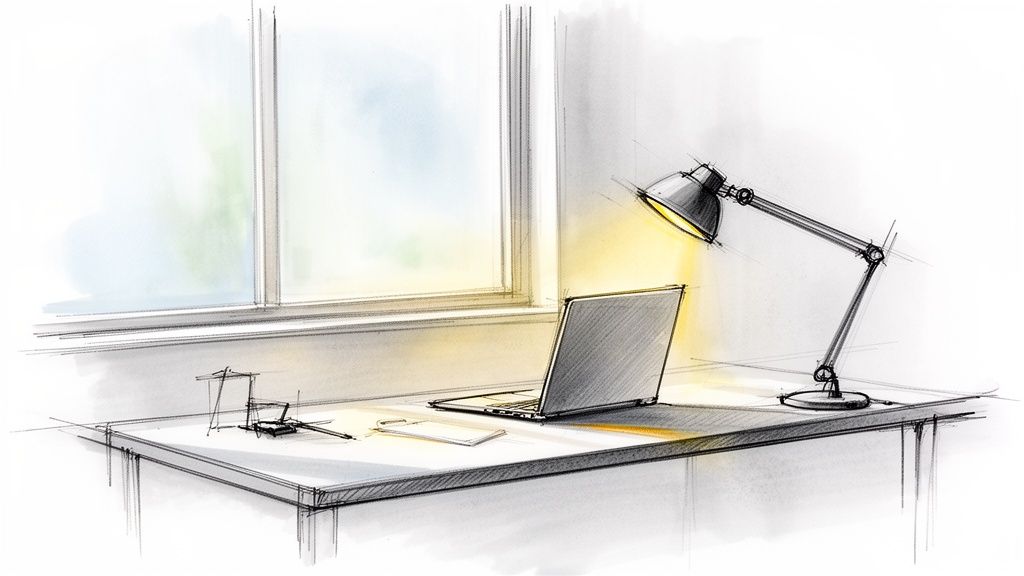 Skitseret hjemmekontor med bærbar computer, bordlampe og vindue, oplyst af et varmt lys.