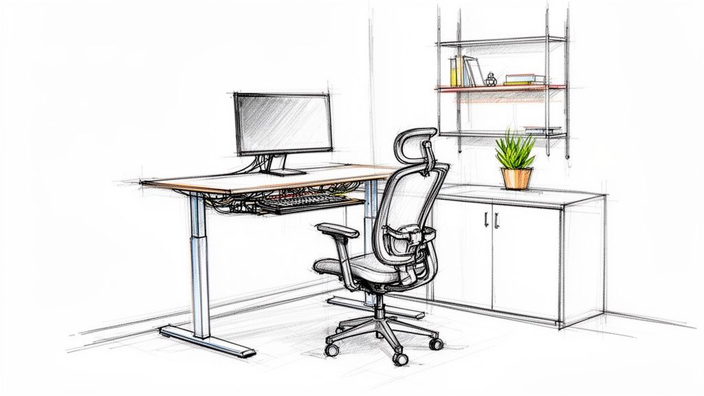 Detaljeret skitse af et moderne hjemmekontor med hæve-sænkebord, ergonomisk kontorstol og opbevaring.