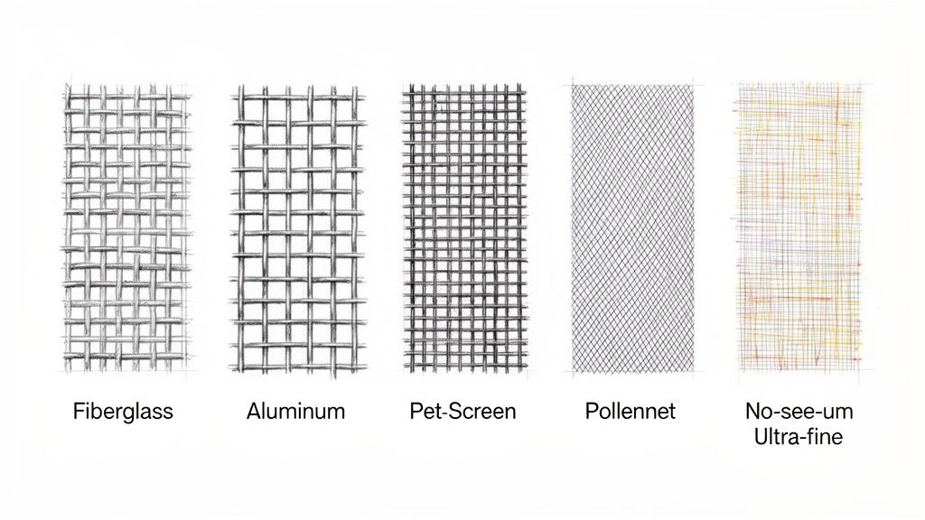 Illustration af fem forskellige fluenettyper: glasfiber, aluminium, kæledyrssikring, pollennet og ultra-fint no-see-um net.