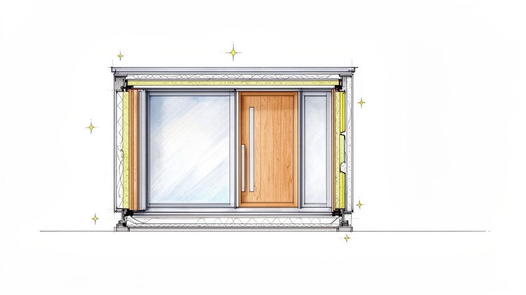 Detaljeret tværsnit af et vindues- og dørparti, der viser isolering og konstruktion.