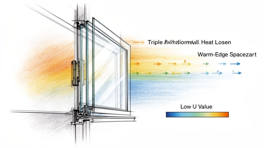 Skematisk illustration af et tredobbelt glasvindue, der fremhæver energieffektivitet og lav U-værdi.
