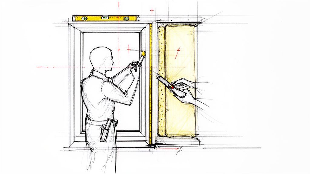 Personer måler en vinduesåbning med målebånd og vaterpas for præcis installation af vinduer.