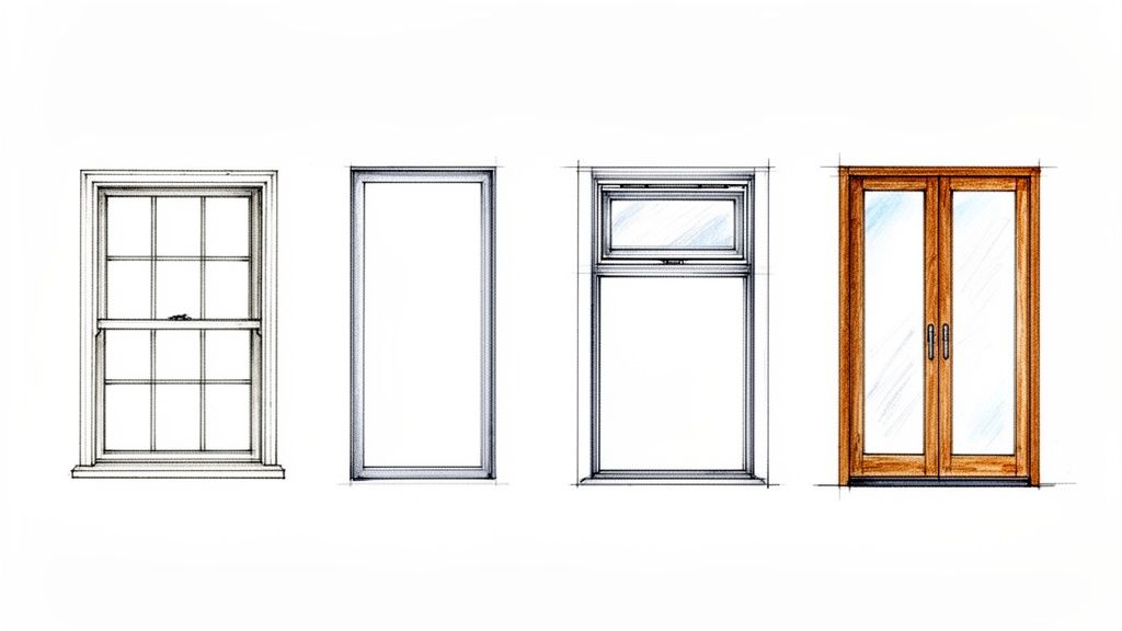 Skitser af fire forskellige vindues- og dørtyper, herunder sprossevindue, fastkarmvindue, topstyret vindue og franske dobbeltdøre.