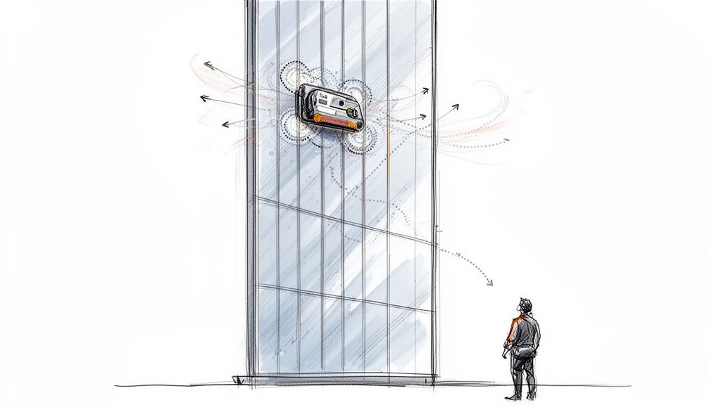 Illustration af en vinduespudserrobot, der ligner et kassettebånd, på en glasfacade med en mand, der kigger op.