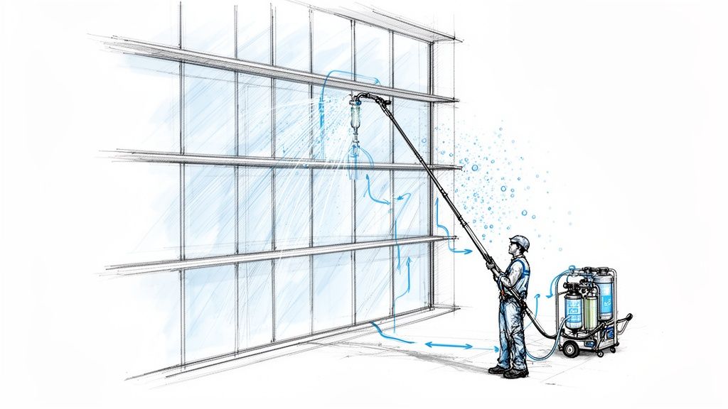 Mand pudser vinduer på en bygning med et teleskopsystem og et vandfiltreringsanlæg.