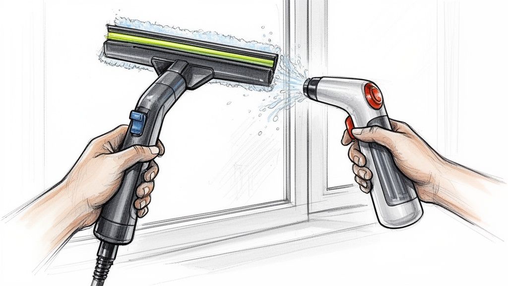 To hænder rengør et vindue med en vinduesskraber og en sprayflaske, der sprøjter vand.