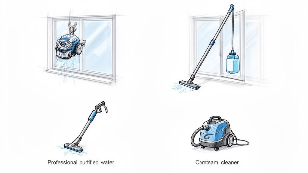 En illustration af fire forskellige maskiner og værktøjer til vinduespudsning, inklusive en robot og en støvsuger.