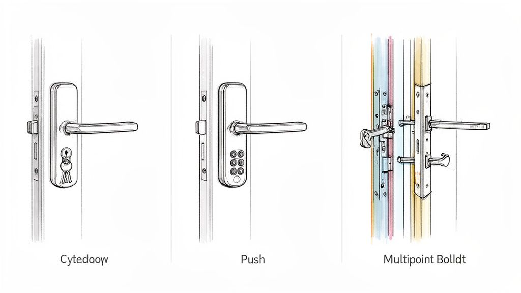 Skitse af tre forskellige terrassedørhåndtag og låsesystemer: traditionelt med nøgle, kodelås og flerpunktslås.