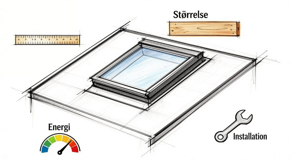 Tegning af tagvindue med mål, energimærke og installationsværktøj.