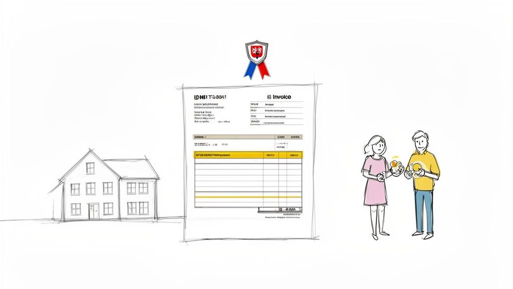 Hvad er servicefradrag, og hvordan udnytter du det? - Illustration af en faktura og et par, der disk.