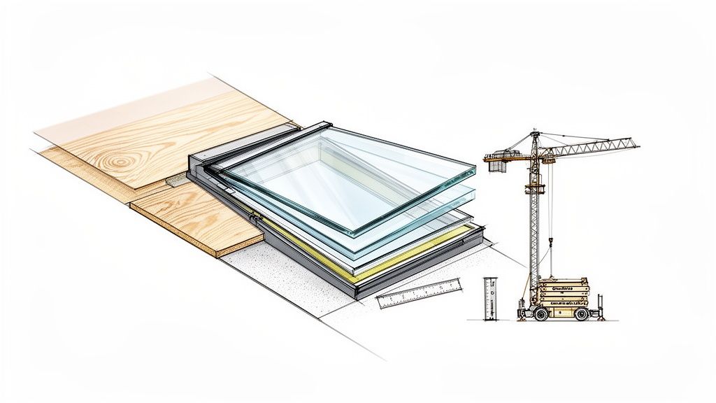 Højdejusterbare ovenlysvinduer med trærammer og byggekran til installation.