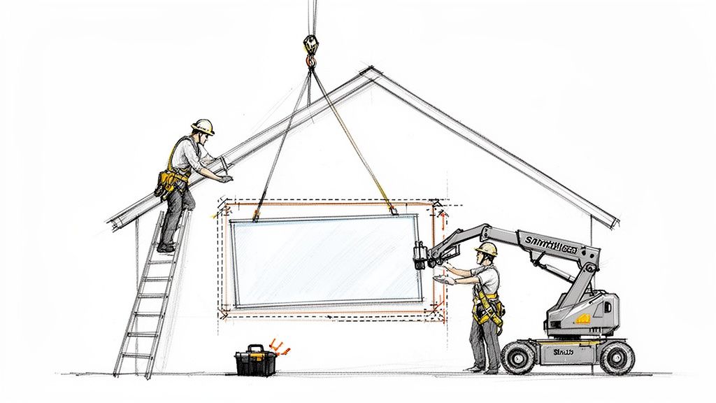 Håndværkere installerer ovenlysvindue med kran og udstyr.