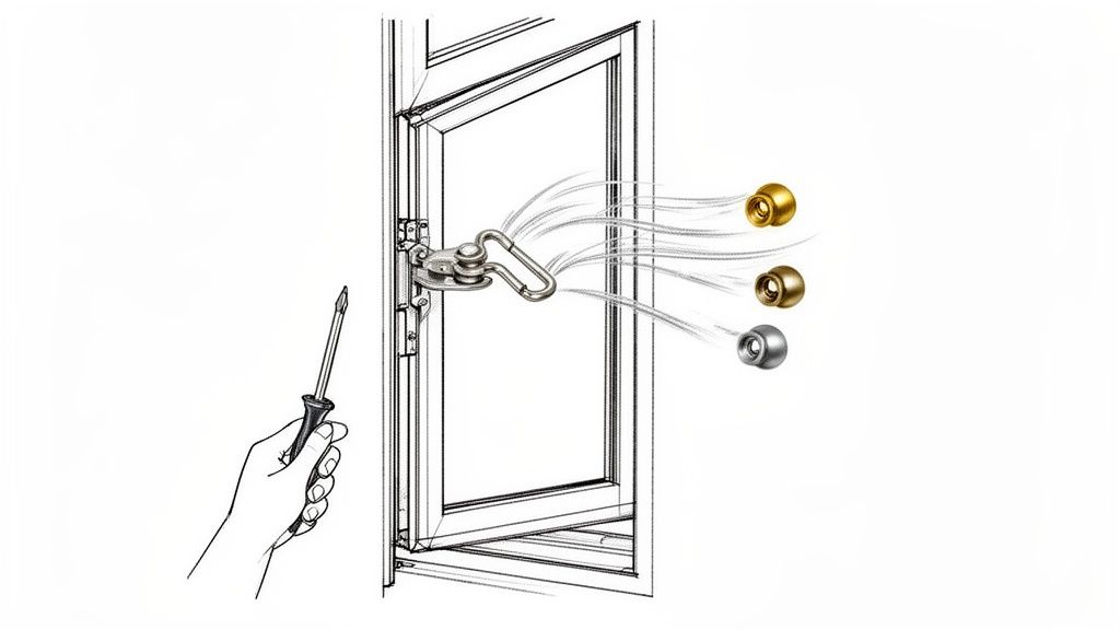 Håndværker justerer vinduesbeslag med skruenøgle.