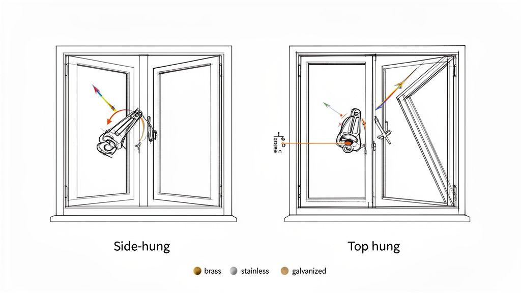 Sikkerhedskroge til vinduer: Illustration af side- og top-hængsler med monteringsdetaljer.