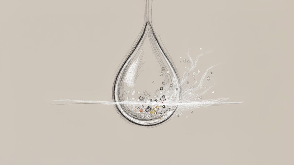 Tegning af vanddråbe med partikler, der filtreres til rent vand.