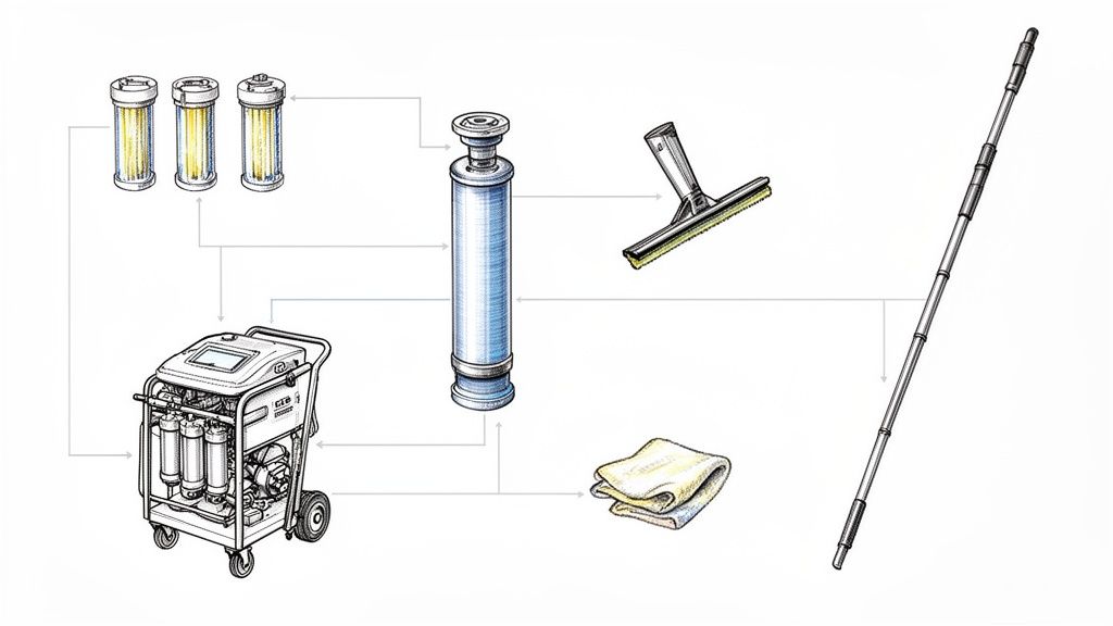 Illustration af et vandrensningssystem til vinduespudsning med filtre, teleskopstang, skraber og klud.