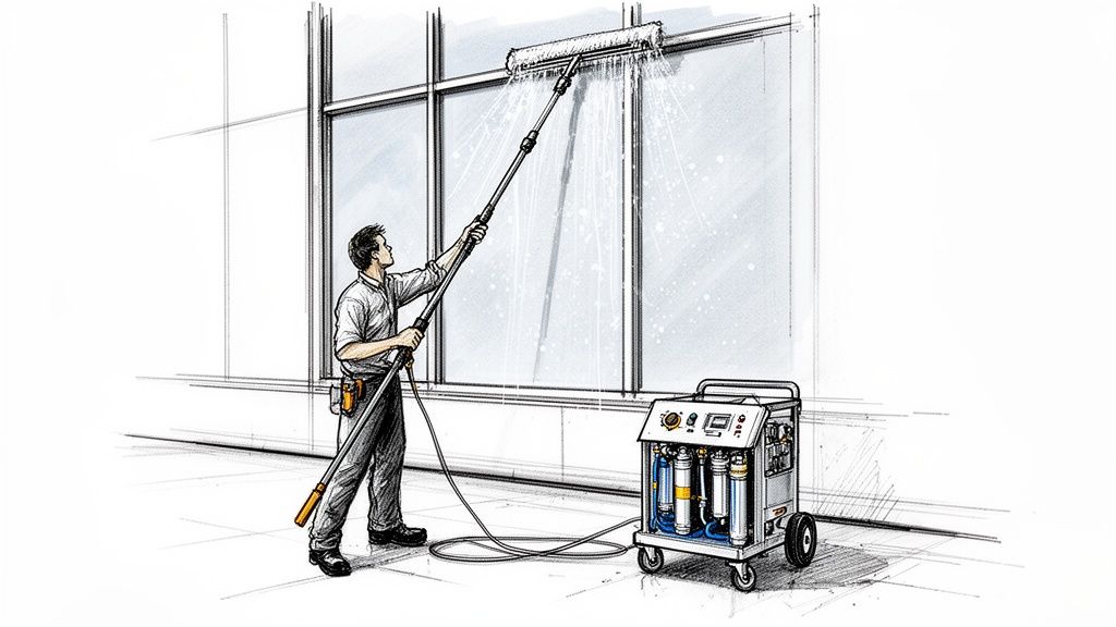 En mand pudser vinduer med en lang børste forbundet til et professionelt vandrensningssystem på hjul.