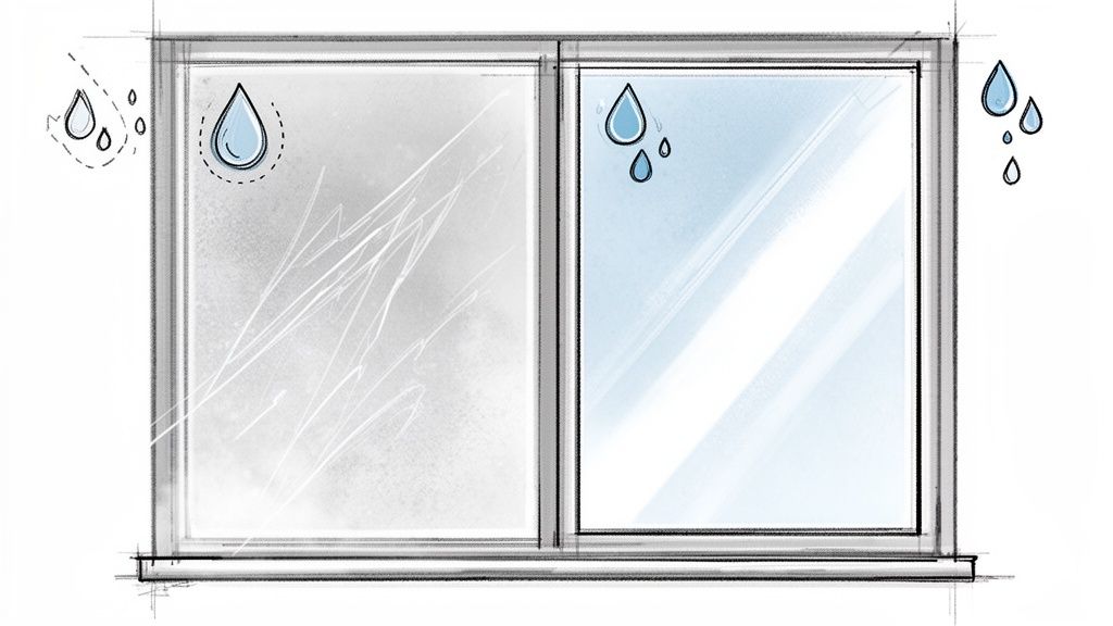 Vindue opdelt i to, der viser forskellen på en beskidt og en nyvasket rude med vanddråber.