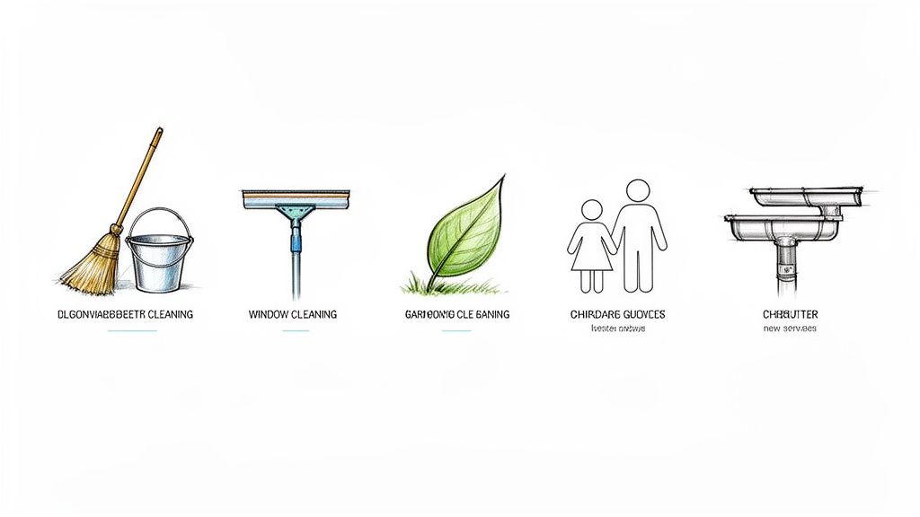 Fem ikoner der repræsenterer forskellige husholdningsydelser: rengøring, vinduespudsning, havearbejde, børnepasning og tagrenderengøring.