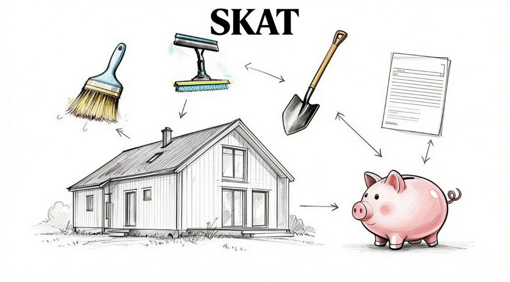 Håndværktøj og papir omkring et hus, symboliserer skatte- og økonomiske aspekter.