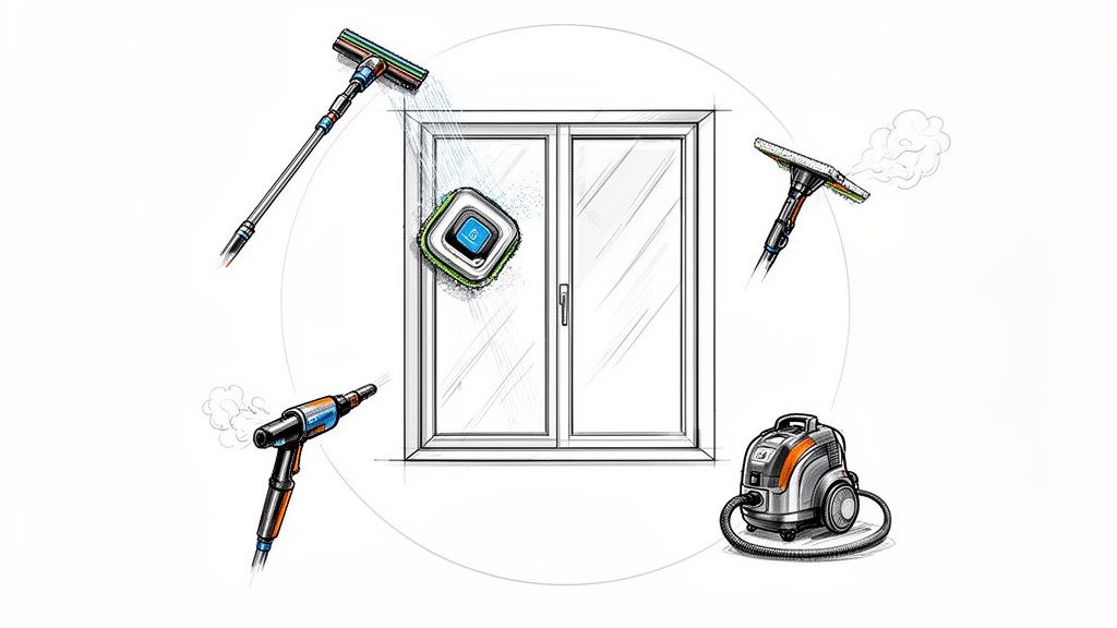 Håndværktøj og rengøringsudstyr til vinduespudsning foran et vindue.