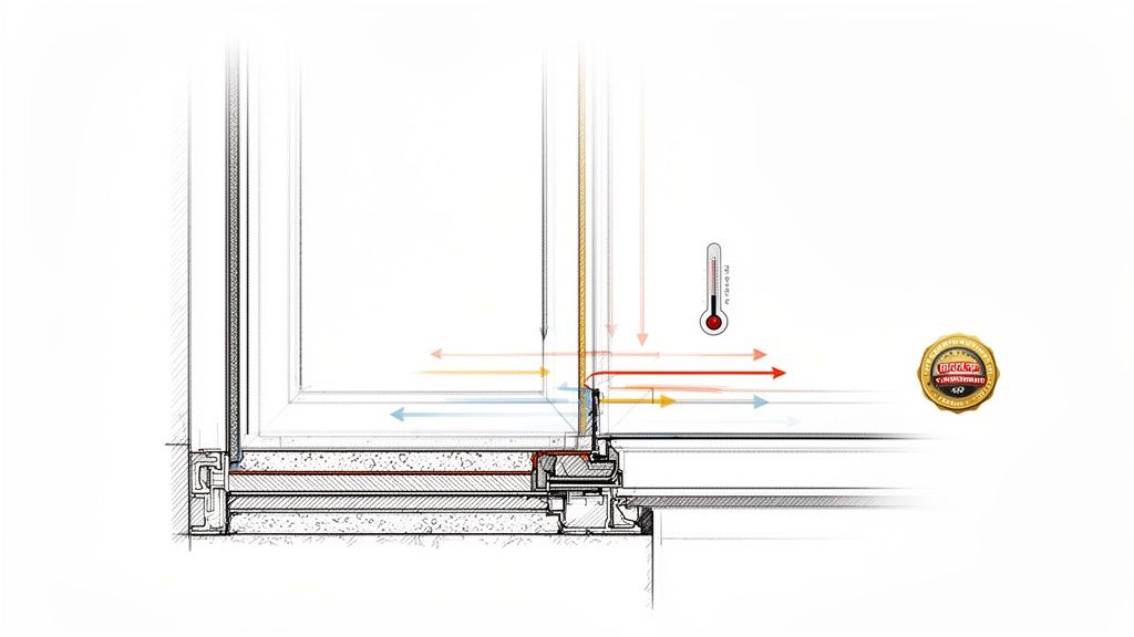 Detaljeret tværsnit af en vinduesramme, der illustrerer termisk isolering og varmestrøm.