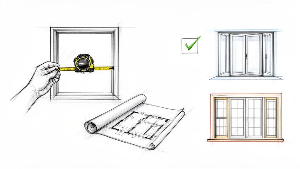 Illustration af en hånd der måler et vindue, en plantegning og skitser af vindues- og dørtyper.